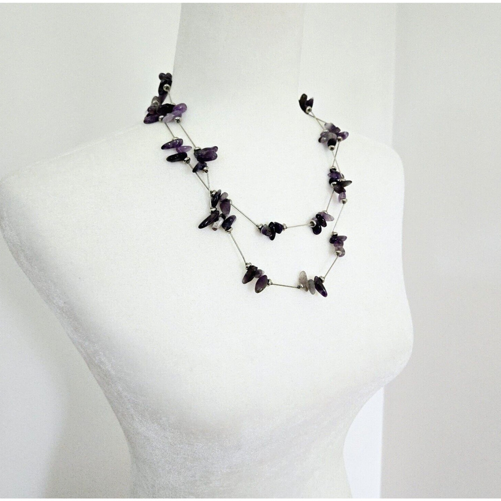 Amethyst Necklace Purple Stone Silvertone Statement Modern Brutalist Maximalist - Picture 5 of 10